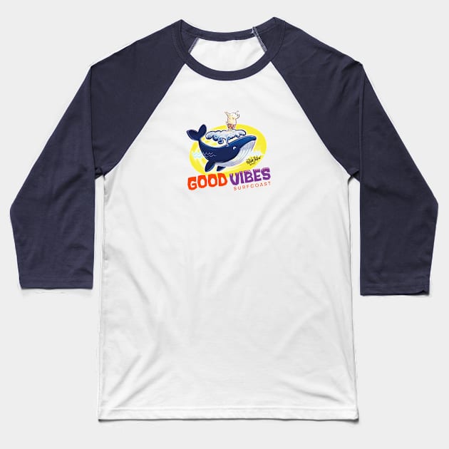 Good Vibes - Whale & Surf Dog Baseball T-Shirt by Dale Baker Artist